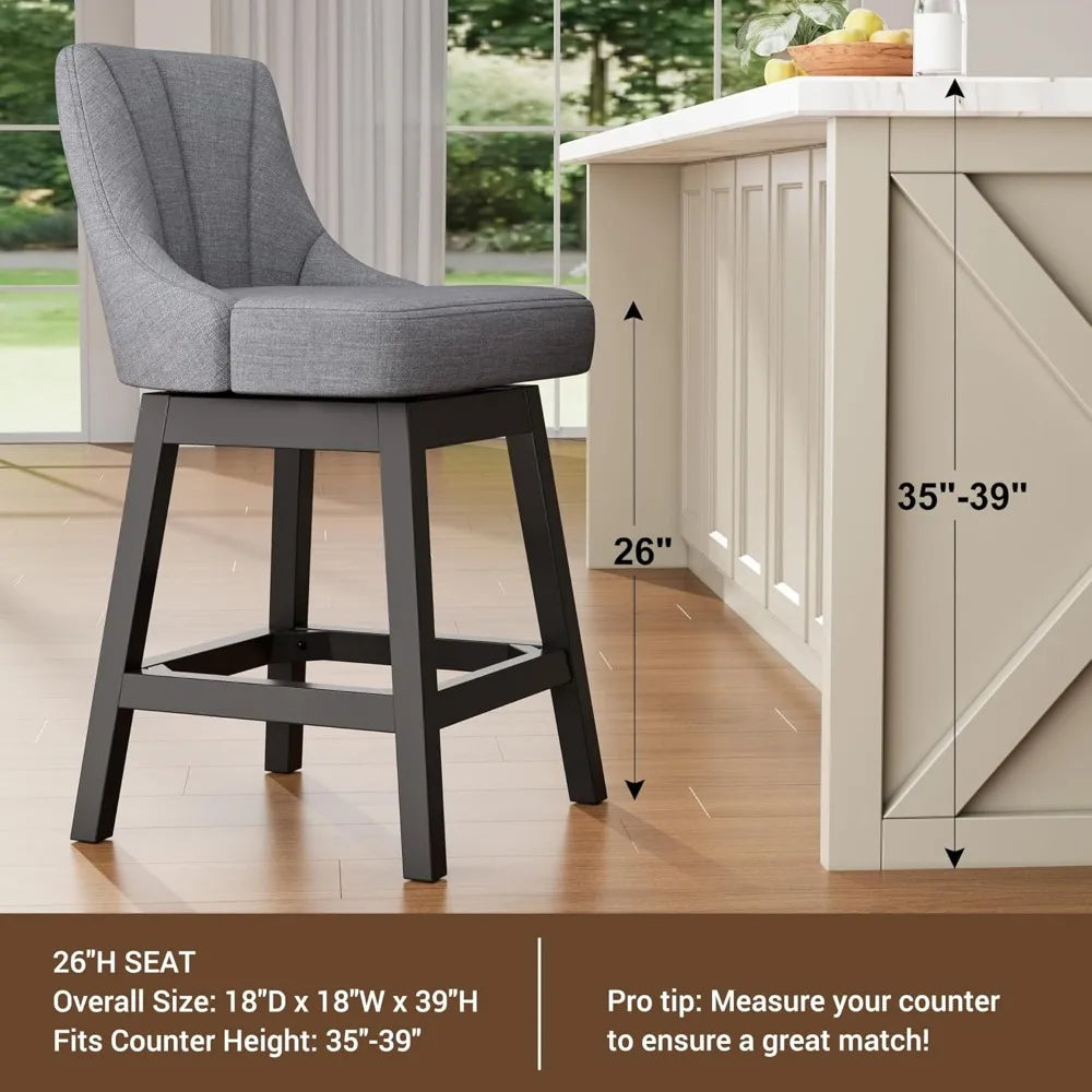 2025 Upgraded Swivel Bar Stools with Backs, 26" Counter Height Bar Stools Set of 2, Linen Fabric Upholstered Counter Barstools w
