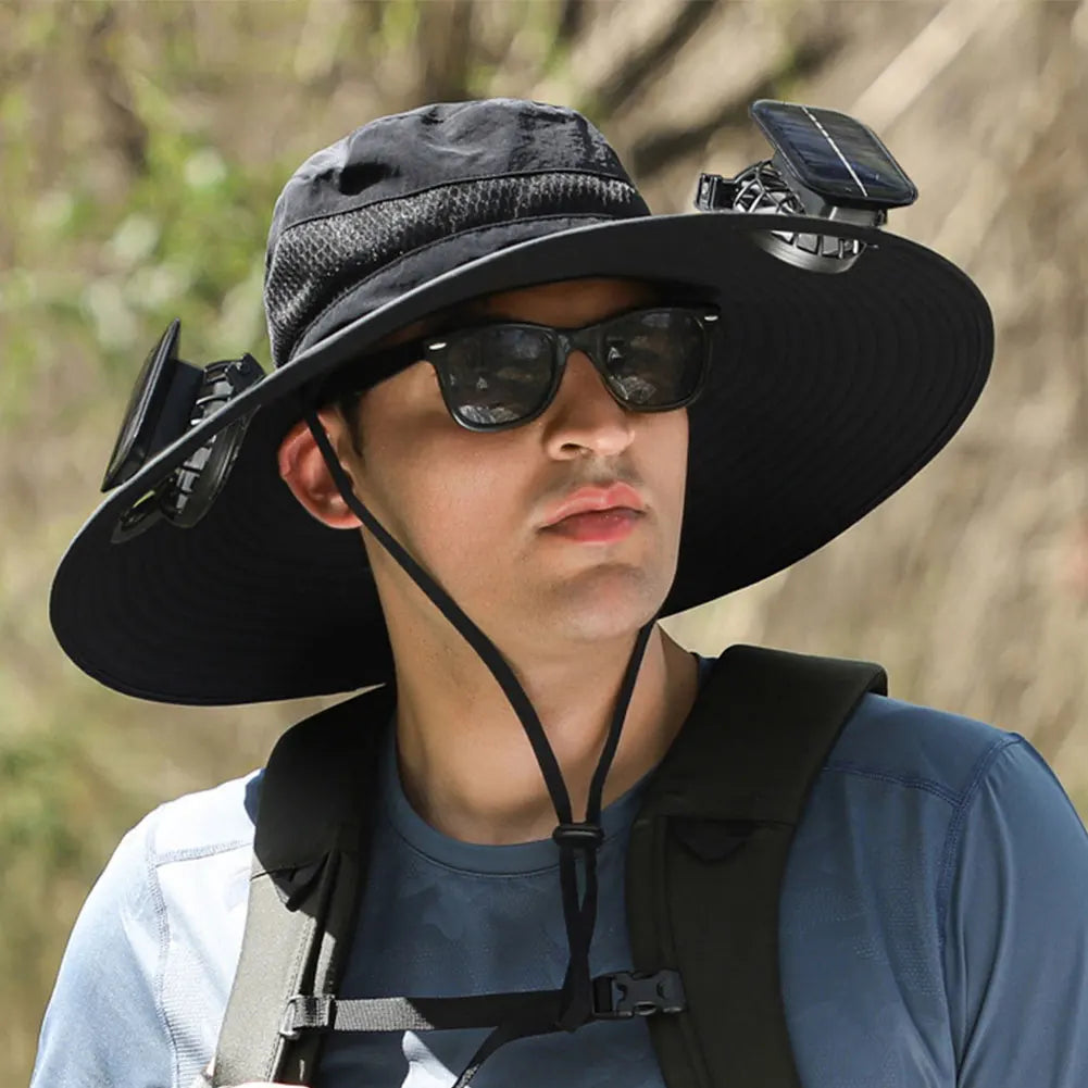 Men's Wide Brim Solar Fan Hat With Adjustable Wind 2 Fans Sun Protection For Outdoor Camping Fishing