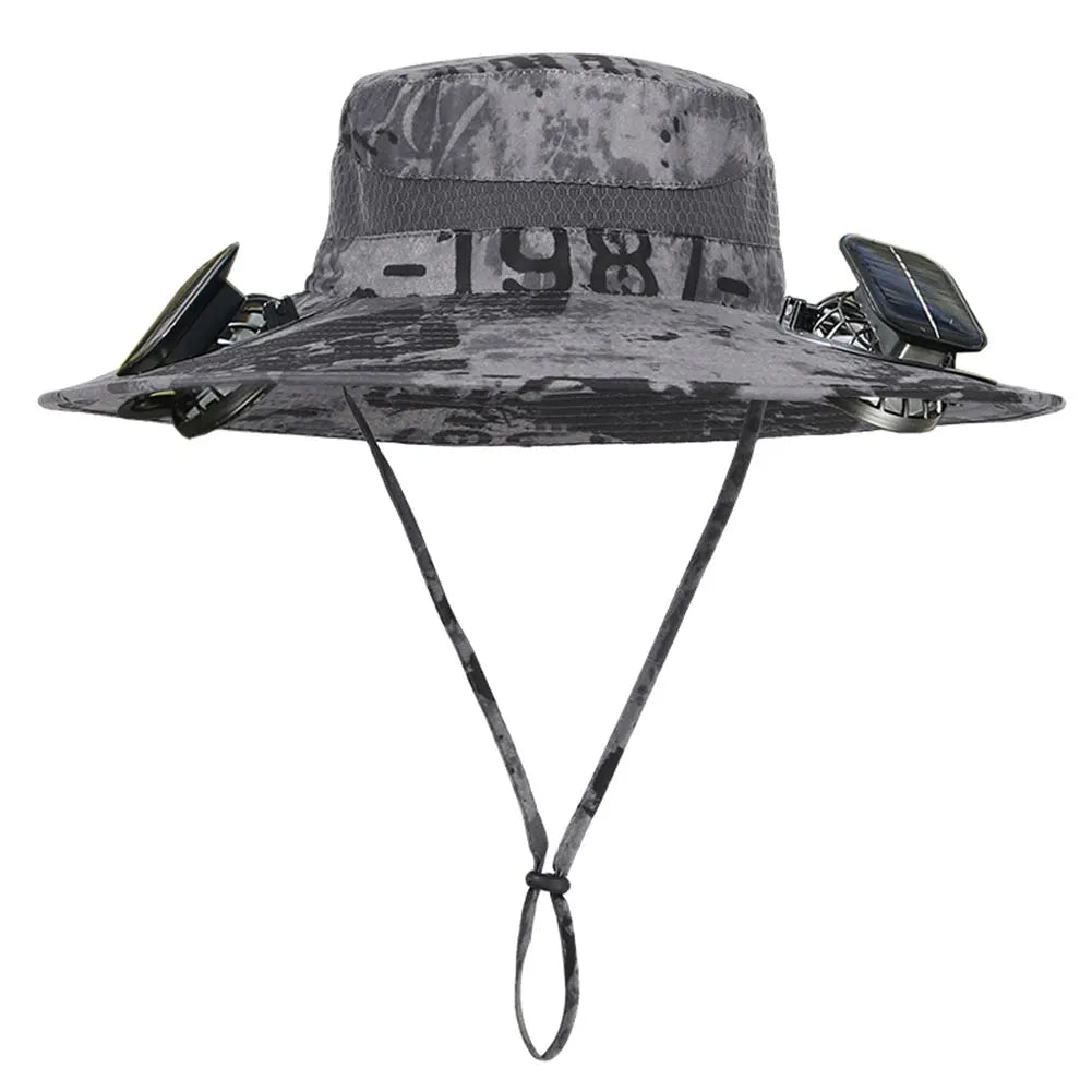 Men's Wide Brim Solar Fan Hat With Adjustable Wind 2 Fans Sun Protection For Outdoor Camping Fishing