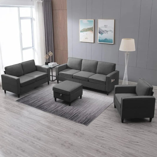 4 Piece Sectional Sofa Set with Storage Ottoman in Dark Grey