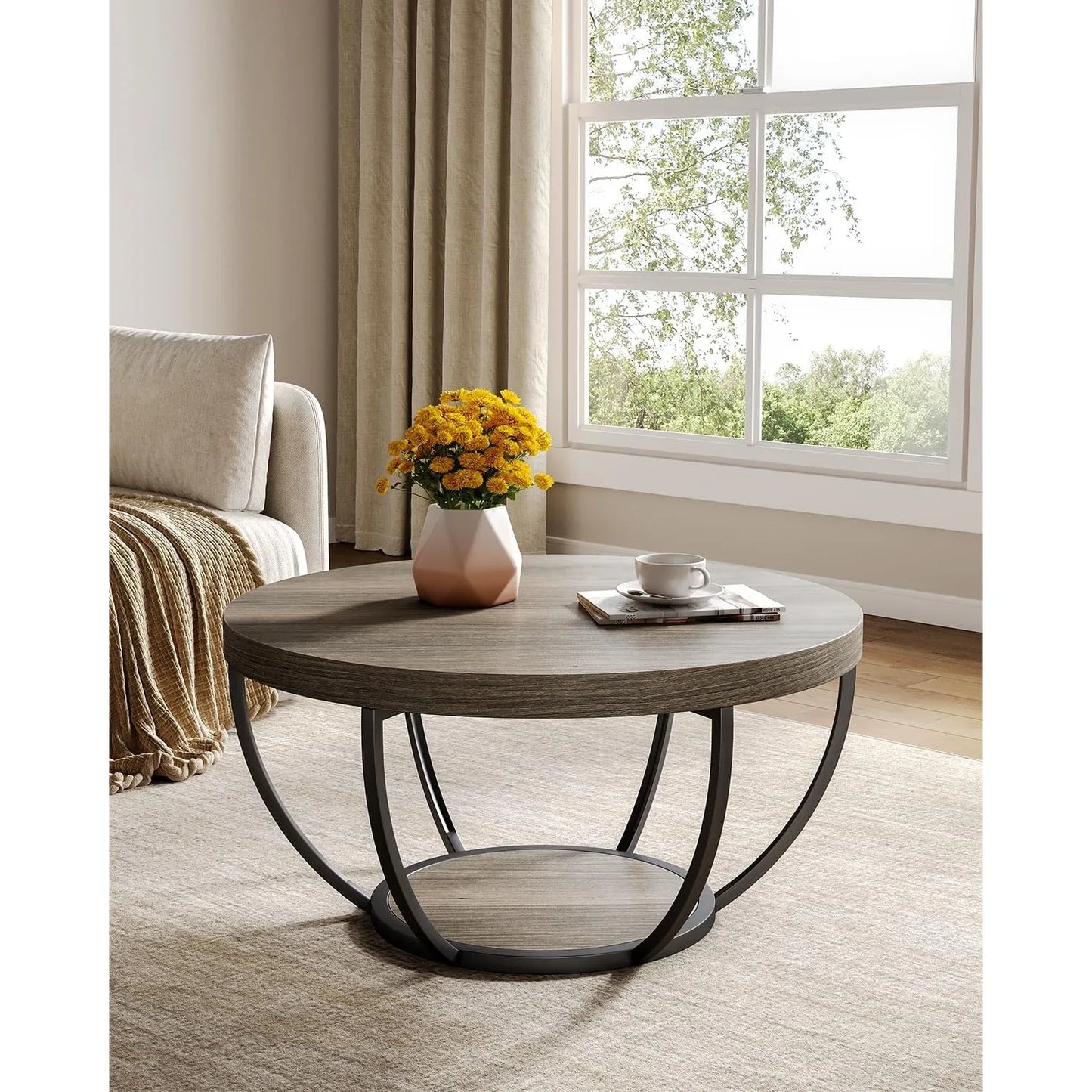 32 Inch Marble Coffee Table with Golden Metal Legs