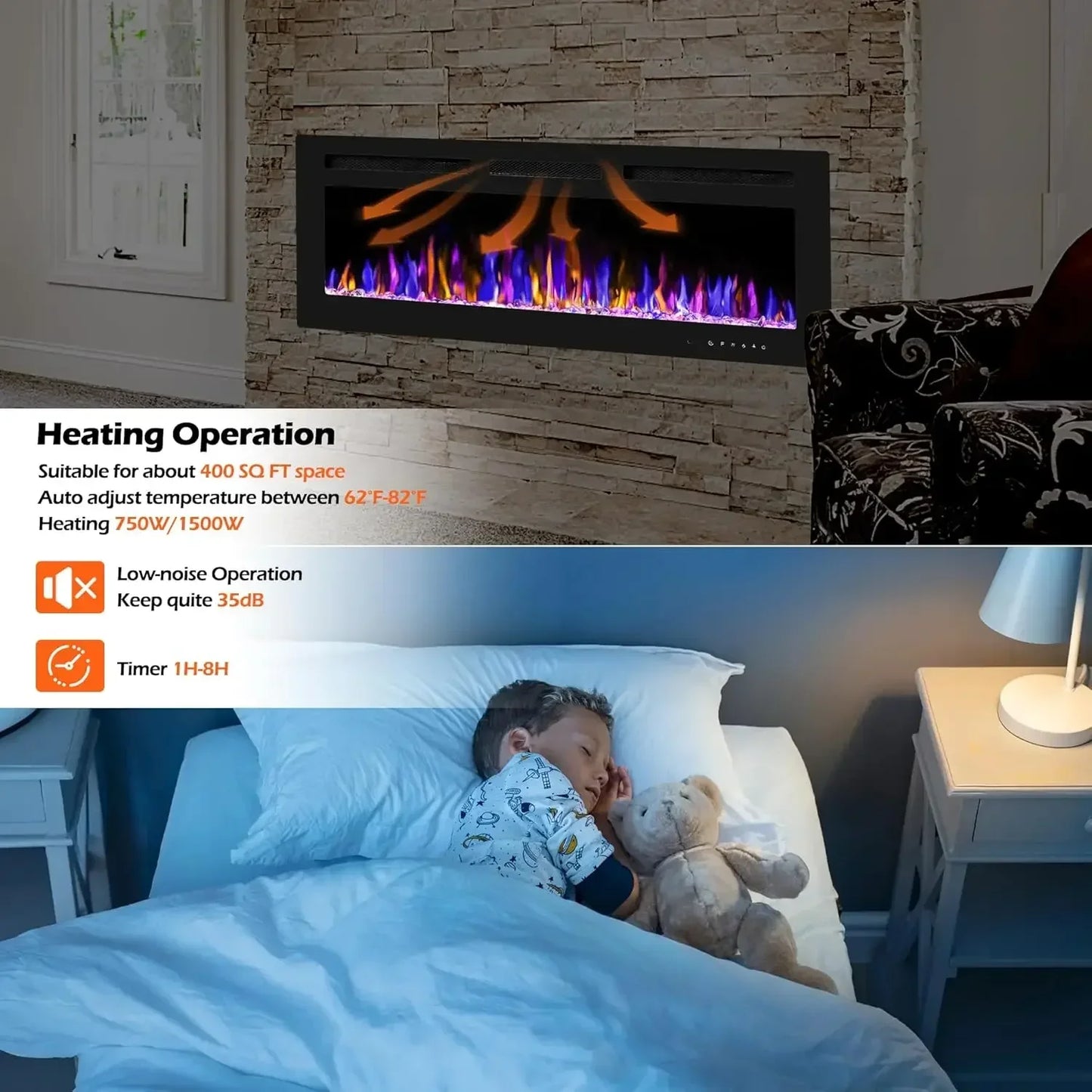 50 Inch Electric Fireplace Wall Mounted And Recessed With Remote Control Timer And Adjustable Flame Color