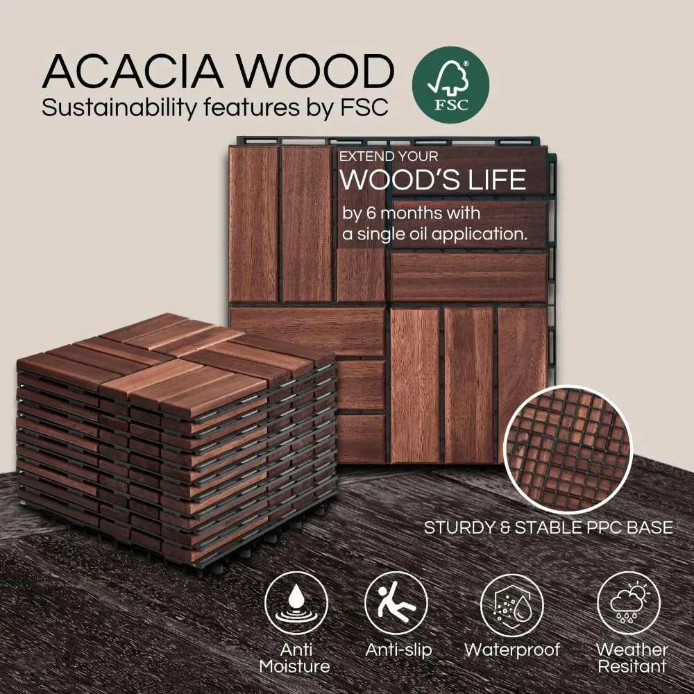 Premium Acacia Wood Deck Tiles Interlocking Outdoor Use