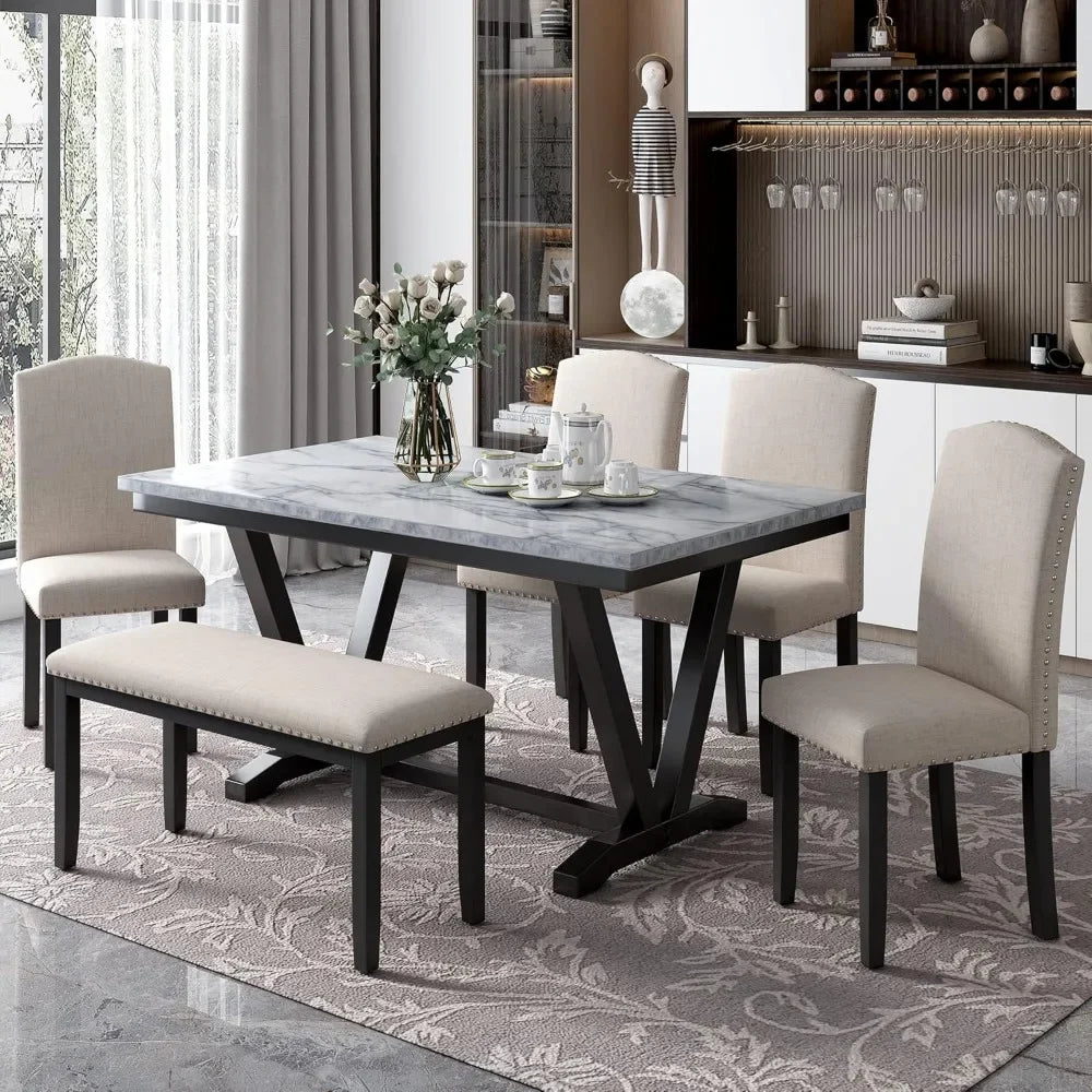 GUANGBAI 6 Piece Dining Table Set With Bench And Chairs