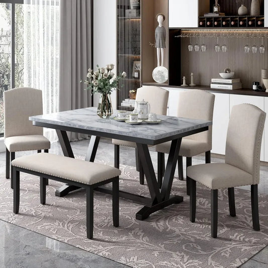 GUANGBAI 6 Piece Dining Table Set With Bench And Chairs