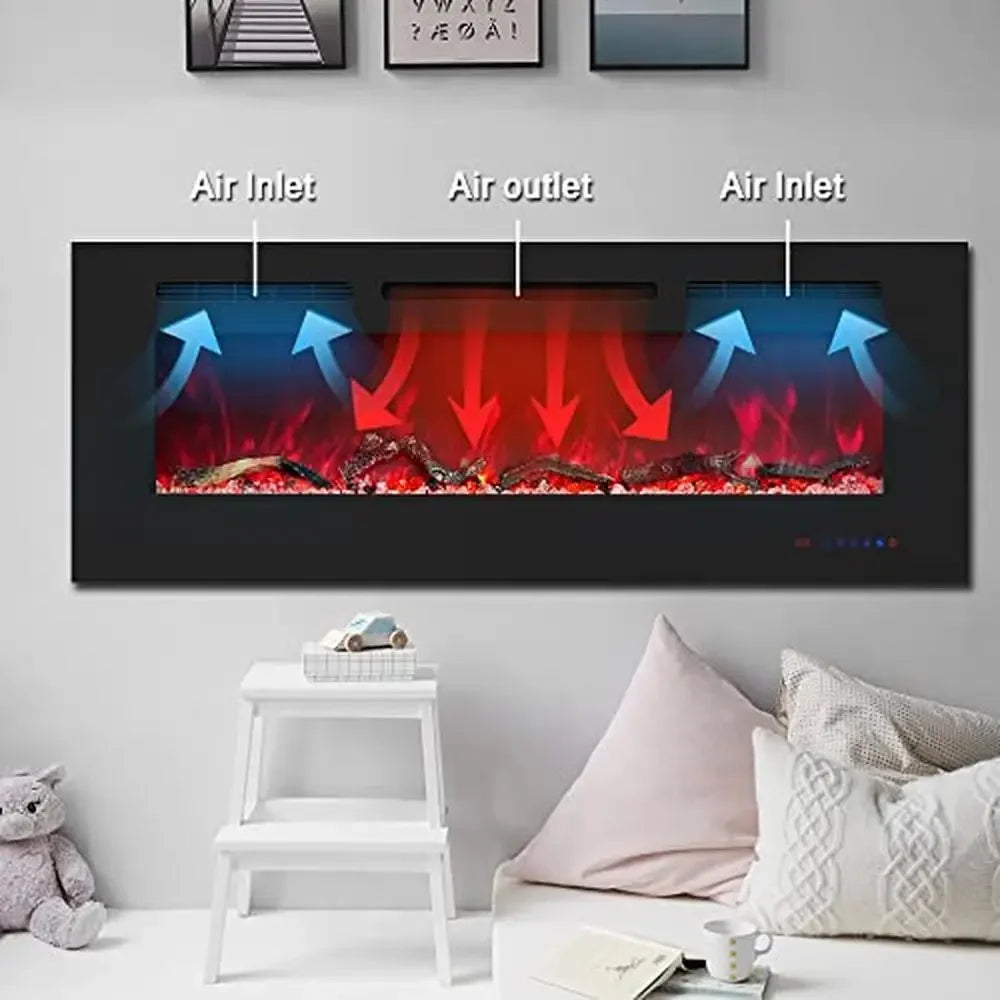 48 Inch Recessed Wall Mounted Electric Fireplace Heater With Remote DIY Logs Crystals And Multicolor Flame Options